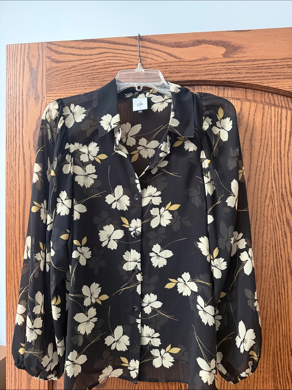 CAbi Black Floral Button-Up Blouse with Cream Print